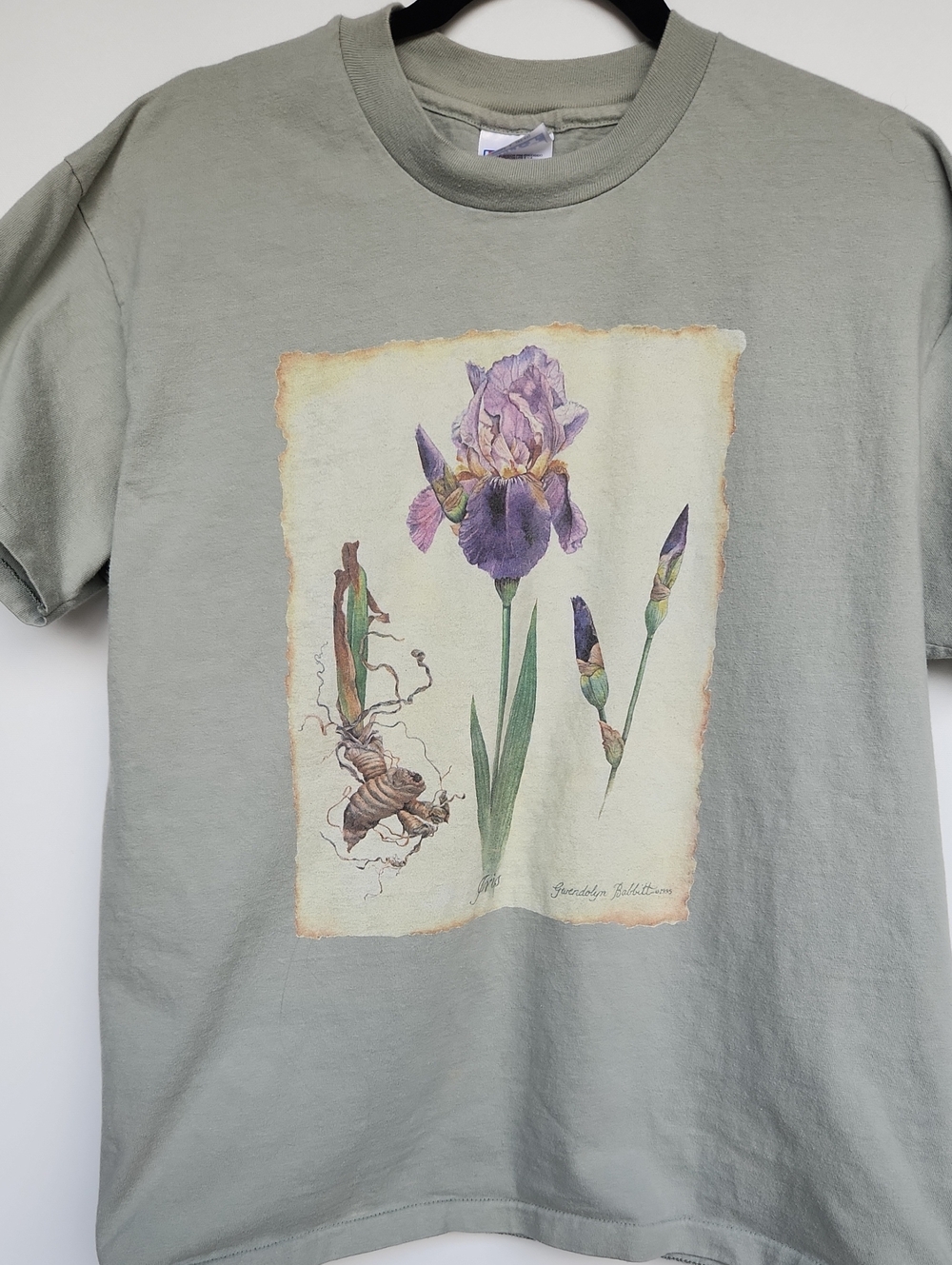 Hanes Sage Green T-Shirt with Purple Iris Botanical Print